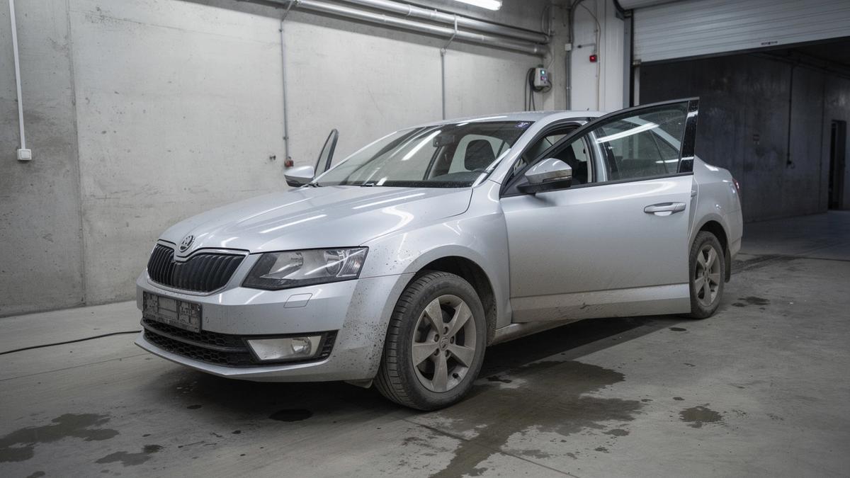 Inspected used car in a Kyiv service bay with four numbered checkpoints marked on the body