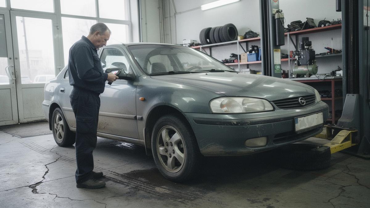 Used sedan raised on a lift during a pre-purchase inspection in Kyiv